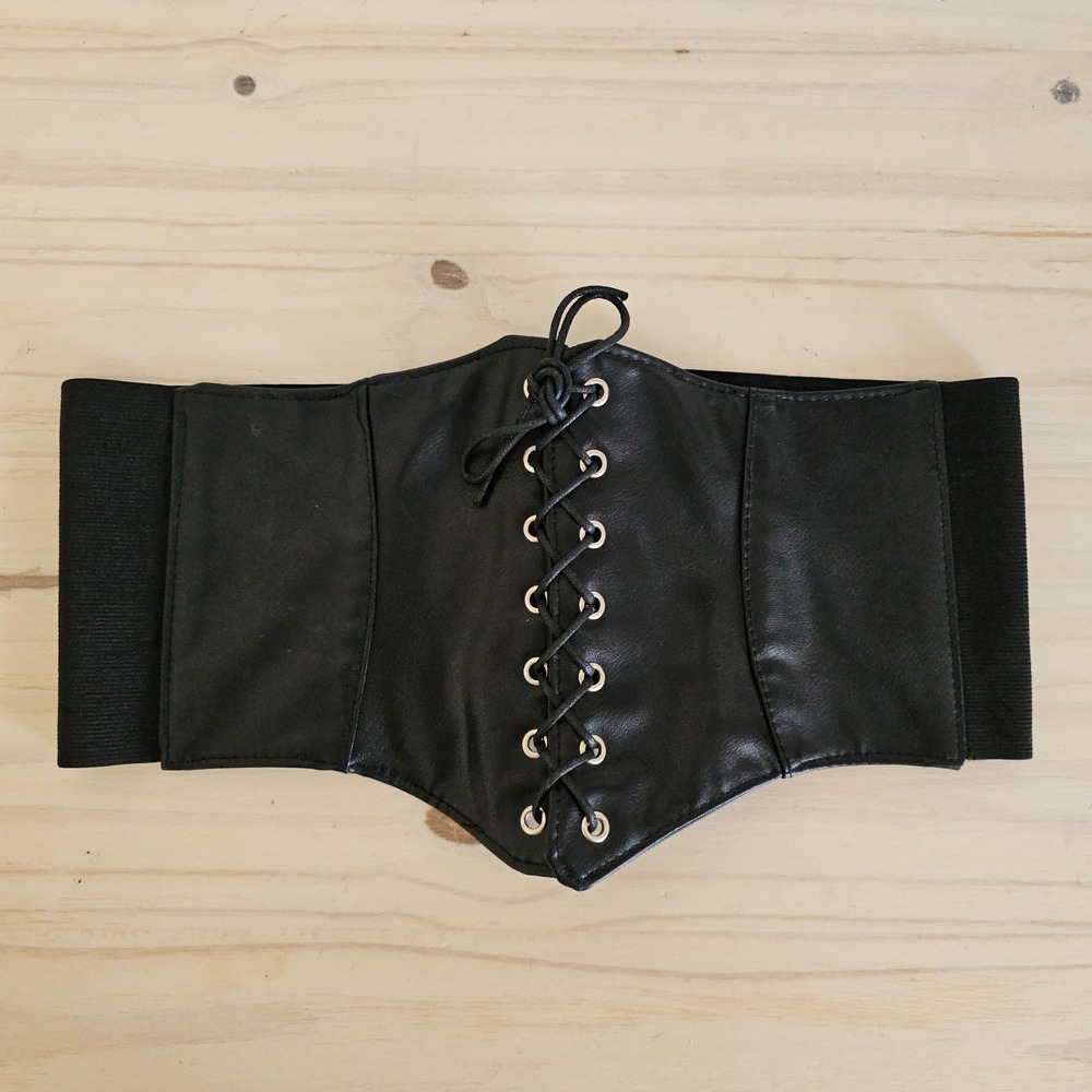 Black Leather Lace Up Corset Elastic Waist Belt Wide Cincher M - L Goth Alt Fash